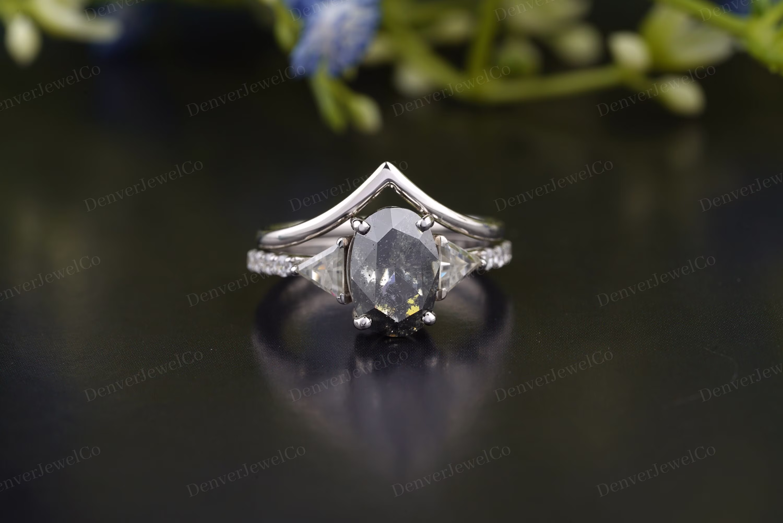 Vintage Salt & Pepper Diamond Engagement Ring Set, Three Stone Half Eternity Gold Ring, Curved Solitaire Wedding Band For Woman