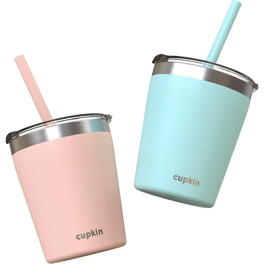 Stackable Stainless Steel Toddler Kids Cups (EASY to Clean) - Set of 2 Powder Coated Vacuum Insulated Tumblers, (Peach + Teal, 8 OZ)