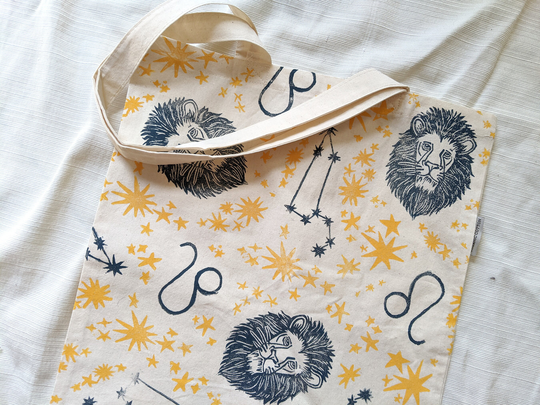 Leo Organic Cotton Tote Bag, Handprinted Tote, Shoulder August Birthday Gift, Gift For Leo, Zodiac Astrology