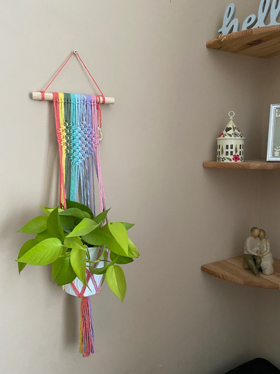 Pastel Rainbow Heart Plant Holder, Macrame Hanger, Macrame Home Decor, Wall Holder, Natural Wood, Boho Decor