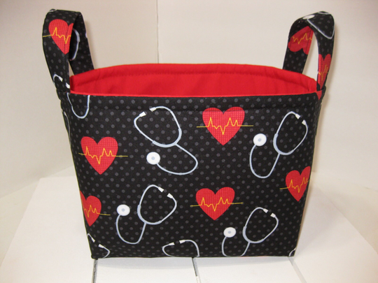 Black Red Ekg Heartbeat Fabric Organizer Bin/Basket Gift Bag - Personalization Available Nurse Doctor Thank You