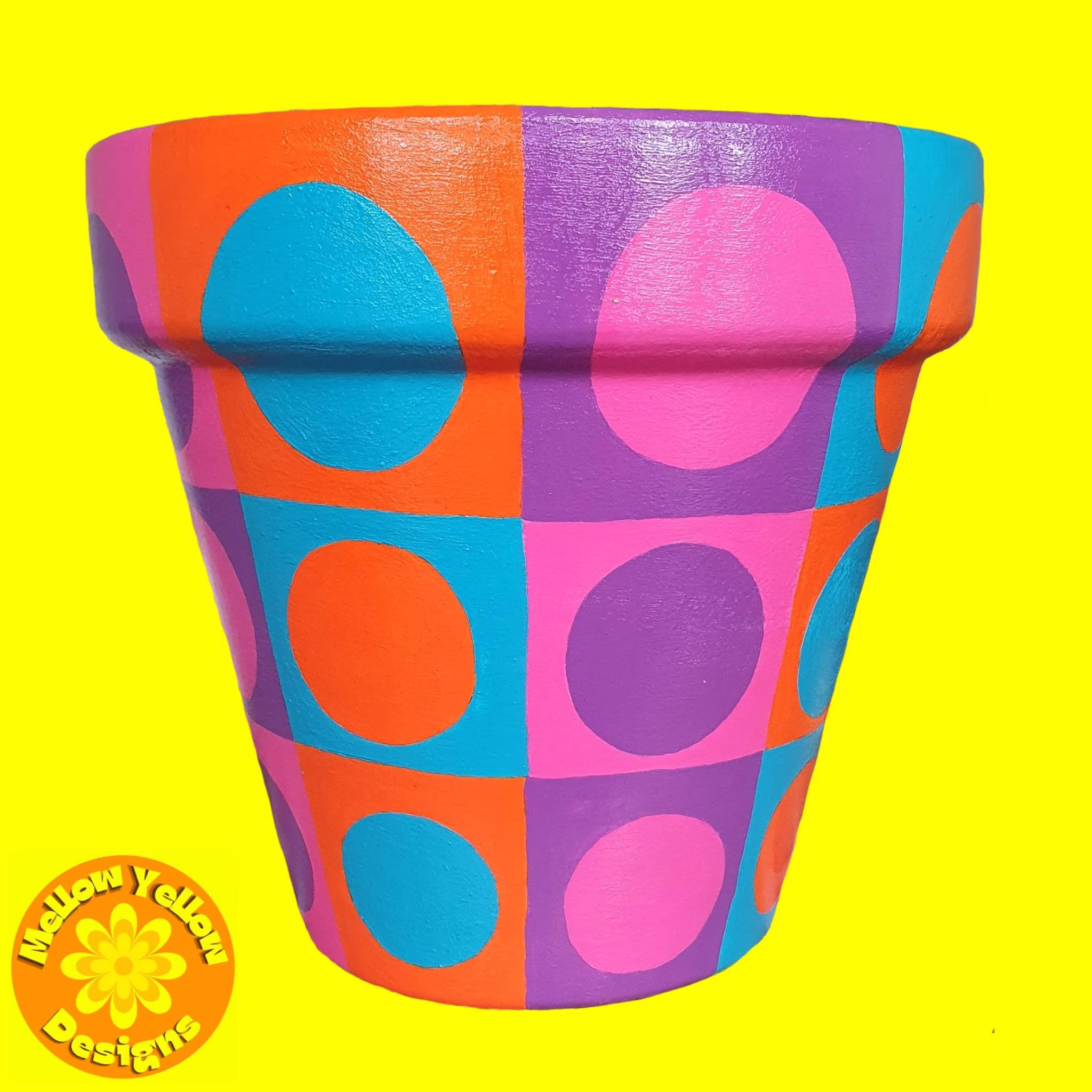 Large Hand Painted Plant Pot 60S Mod Design Pink Purple Blue Orange