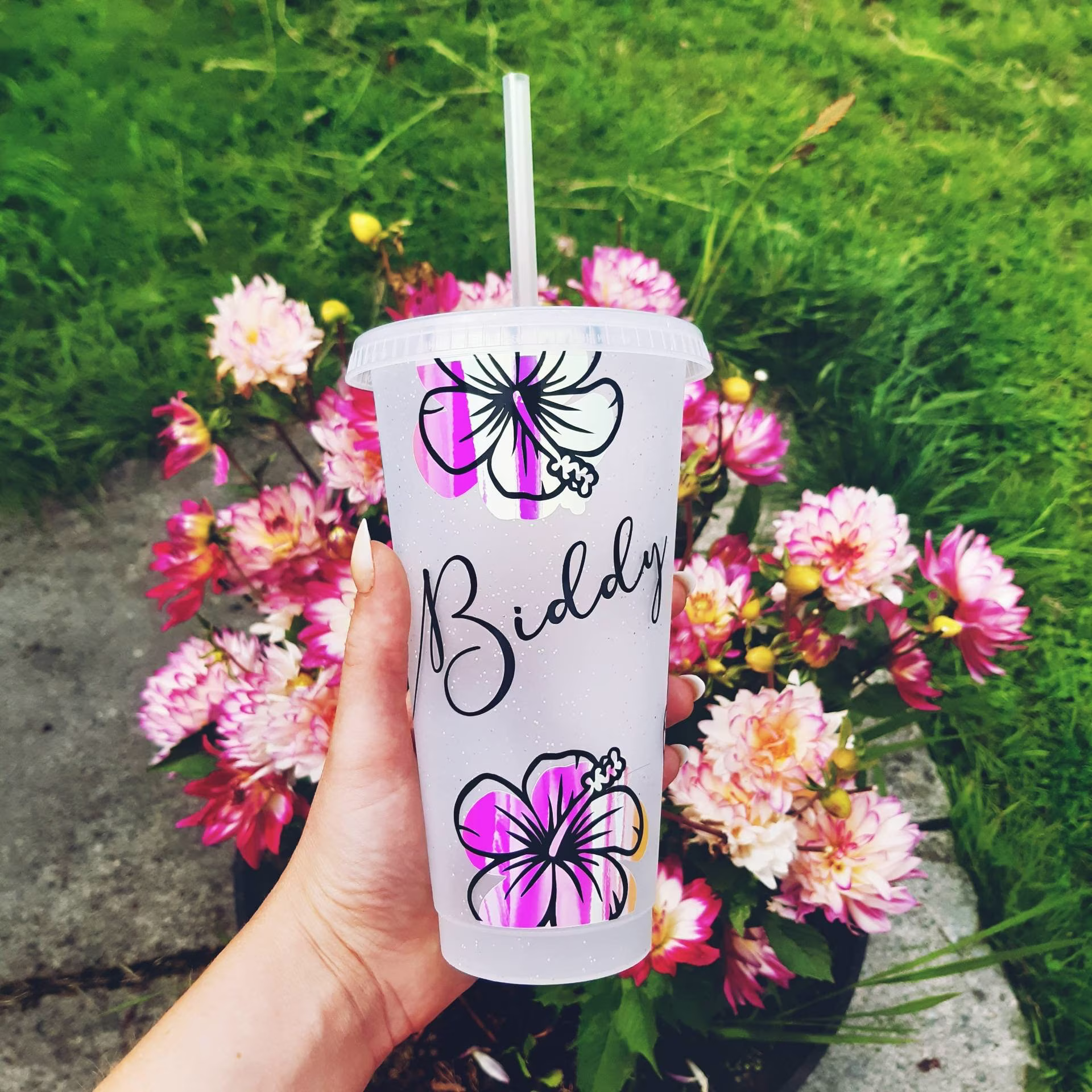 Custom Flower Tumbler | Personalised Cold Cup Starbucks Style 24Oz Hibiscus Customisable Design With Name Straw & Lid