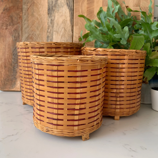 Vintage Woven Wicker Rattan Planters, Retro Brown & Red Plant Pots, Handcrafted Pots C1970S Choice