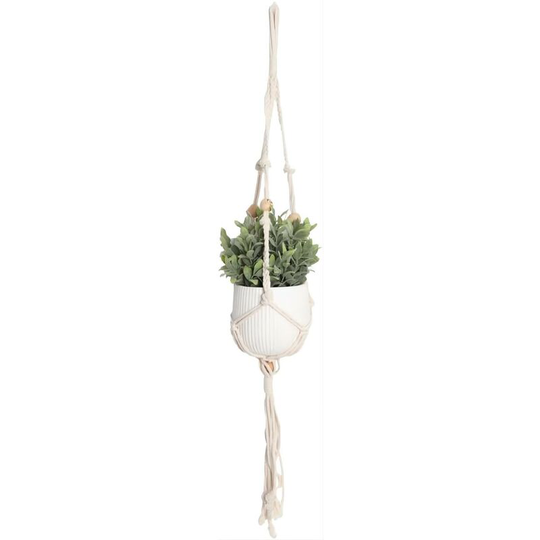 Modou - Macrame Plant Hanger, Indoor or Outdoor Plant Holder, Beige Cotton Rope with Wooden Beads, Scandinavian Design
