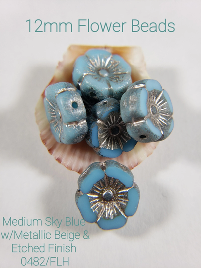 Medium Sky Blue W/Metallic Beige & Etched Finish ~ Czech 12mm Glass Hibiscus Flower Beads 6 Bead Lots