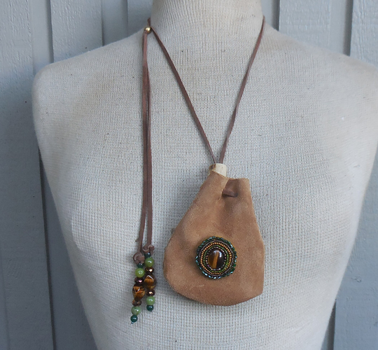 Beaded Tigers Eye Tan Suede Leather Necklace Bag Pouch With Jade Moss Agate Gemstone Beads Adjustable Length 11 X 8.8 cm 4 1/4" 3 1/2