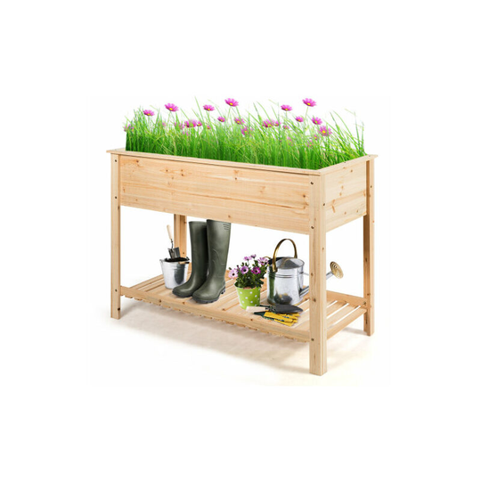 Gymax - Wooden Garden Planter Raised Bed Container Stand with Storage Shelf