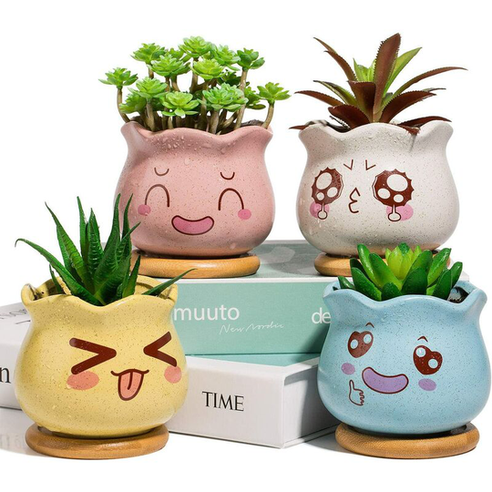 Ceramic Flower Pot with Bamboo Tray and Cute Emoticon Decor, Cute Succulent Pot Decor for Home Shelf Office Garden Living Room (4Pcs)