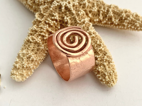 Wide Copper Spiral Ring, Modern Organic Celtic Style Pattern Band, Artisan Chunky Coppery Jewellery, Boho Festival Ring For Ladies