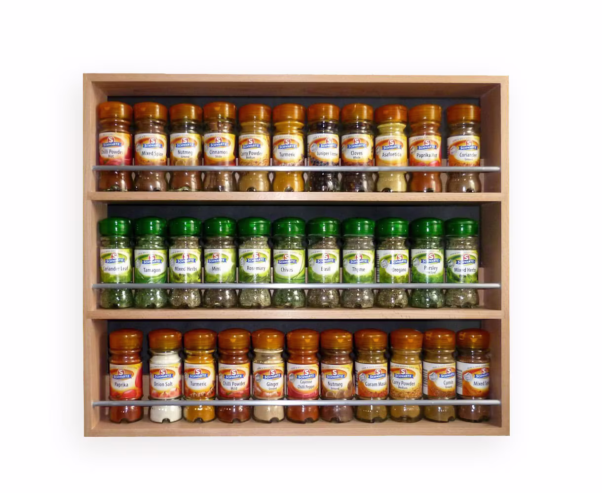 Beech Spice Rack 3 Shelves Free Standing Or Wall Mounted Kitchen Storage Wood Shelf 44.5cm Tall X 7cm Choice Of Width
