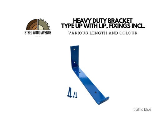 Traffic Blue Powder Coated Heavy Duty Shelf Bracket, Style Up With Lip, Screws Included, Metal Shelving Hardware, Solid Brick Masonry Wall