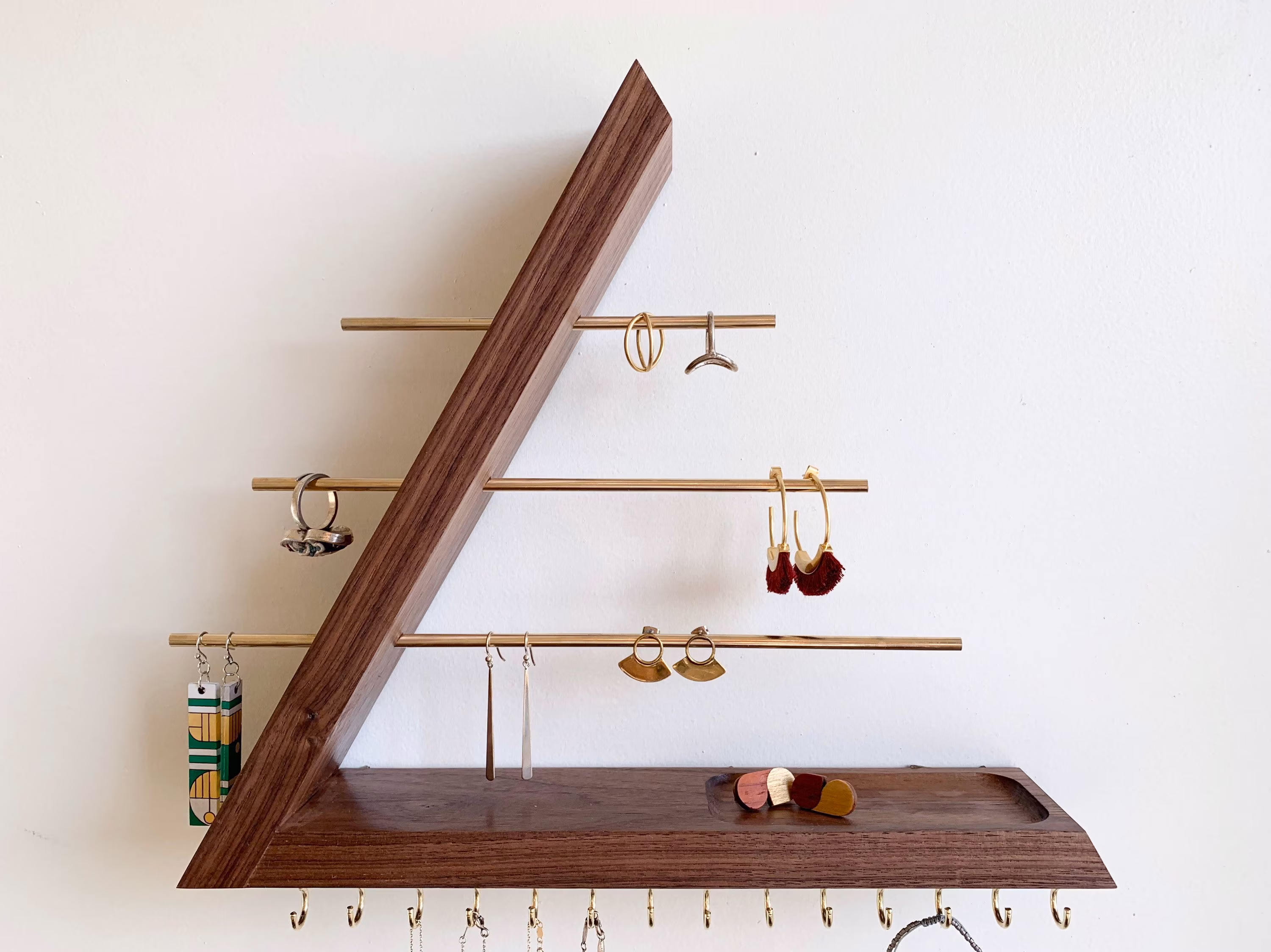 Walnut Jewelry Organizer, Wall Mount Floating, Holder, Solid Hardwood, Necklace Earring Ring Gift For Her