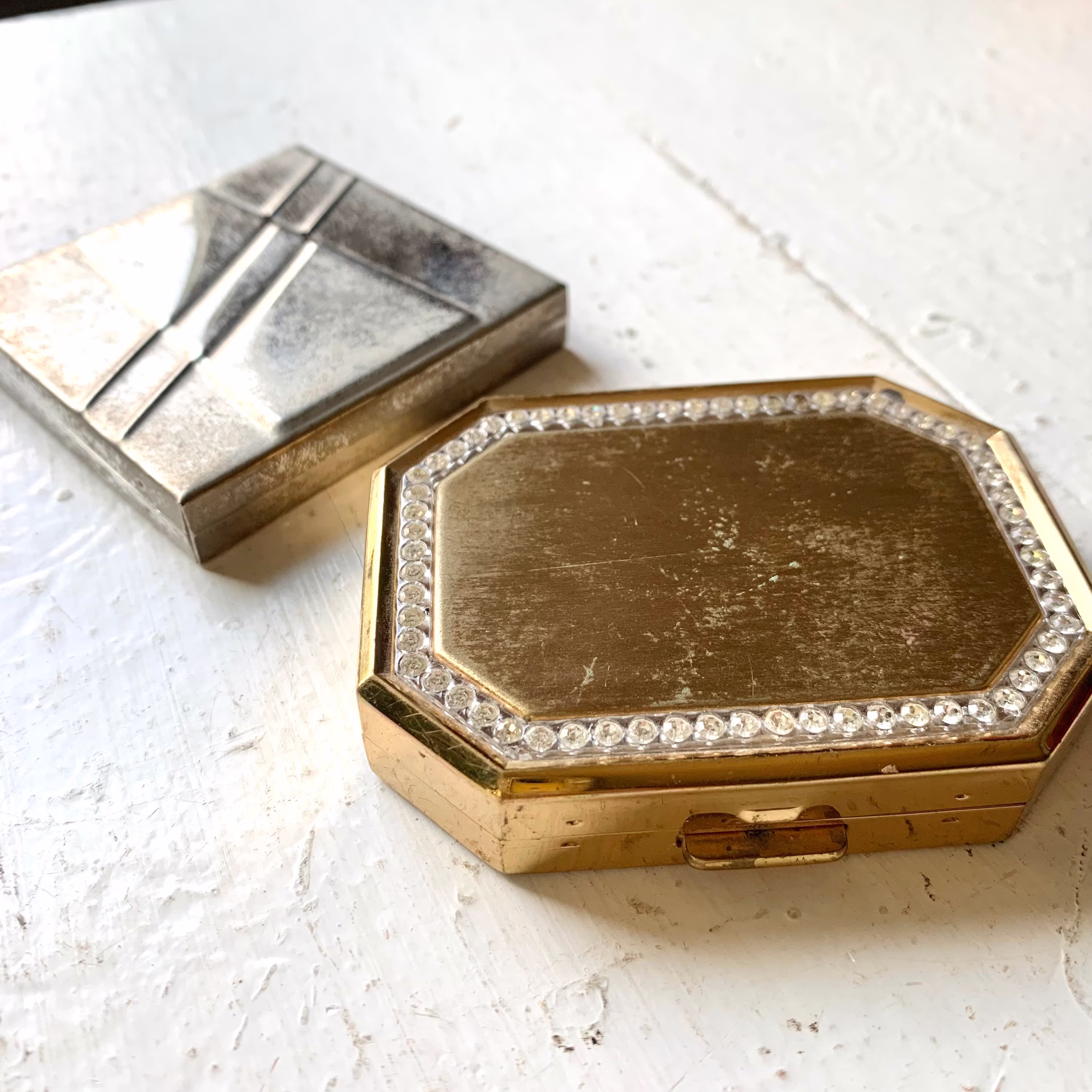 Vintage Compact & Mirror Pair, Silver Pocketbook Mirror, Gold Avon Powder Your Nose Rhinestones, Mysterious Elegance