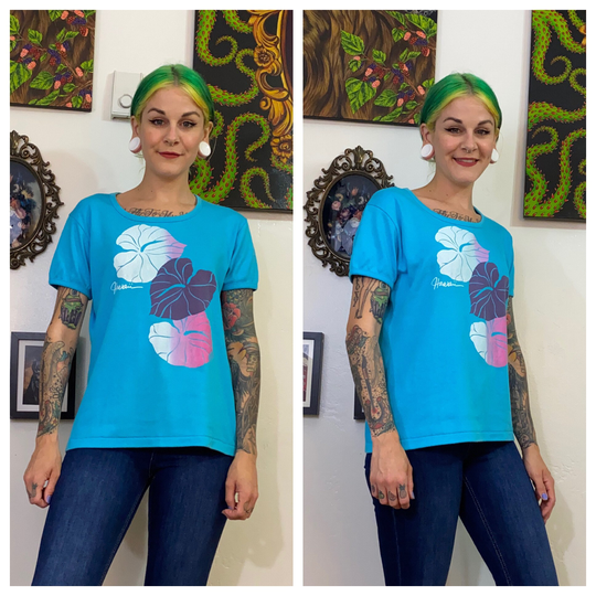 Vintage 1980's Blue Hawaii Tee With Hibiscus Flower Print