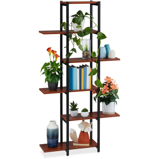 Large Plant Stand, Modern Pot Holder with 6 Tiers, 150 x 78 x 24 cm, Black Metal Frame, mdf Shelving; Brown - Relaxdays