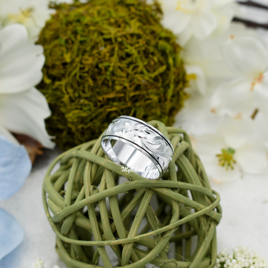 sterling Silver Hawaiian Ring For Men & Women. Hand Carved, Engraved Plumeria Scrolled Matching Rings. Thumb, Index Island Jewelry