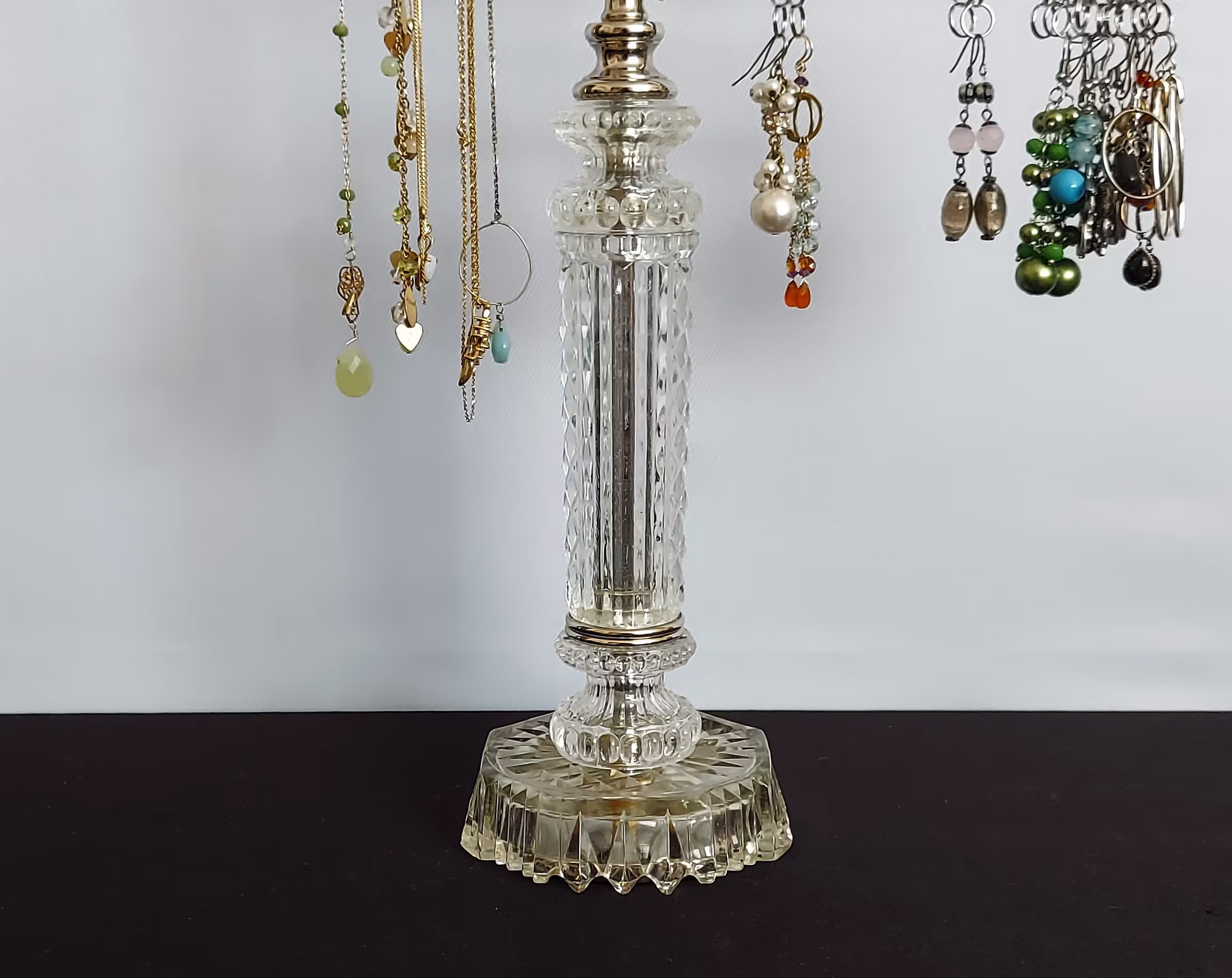3-Arm Adjustable Nickel Jewelry Organizer On Vintage Pattern Glass Base | Upcycled Lamp Parts Made in America