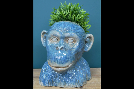 Blue Glazed Monkey Head Pot Holder Planter Indoor Outdoor