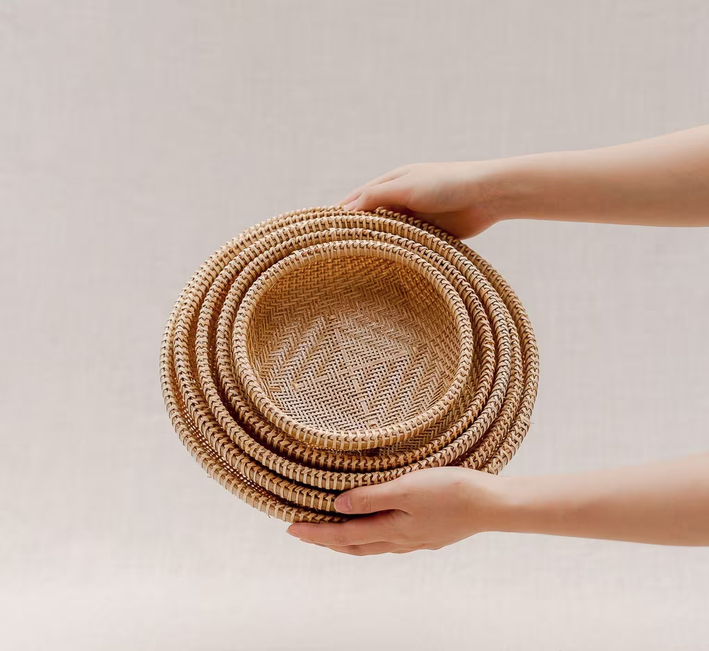 Set 3 Round Bamboo Baskets With Knitted Bottom Legs | Vietnamese Handmade Basket Traditional Viet Kitchen Storage