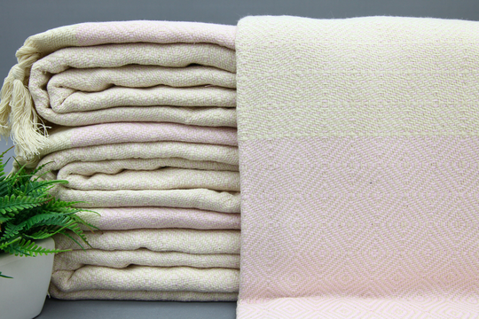 Turkish Blanket-Powder Pink Blanket-Cotton Bedspread-Handmade Bed Cover-79''x95''-Sofa Cover Blanket-Diamond Design Bedspread-(Tyfn, Nfs, Pk