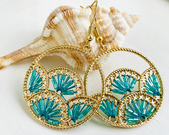 Woven Seed Bead Earrings, Fan Beaded Teal & Gold Inexpensive Jewelry, Earrings Dangle, Jewelry