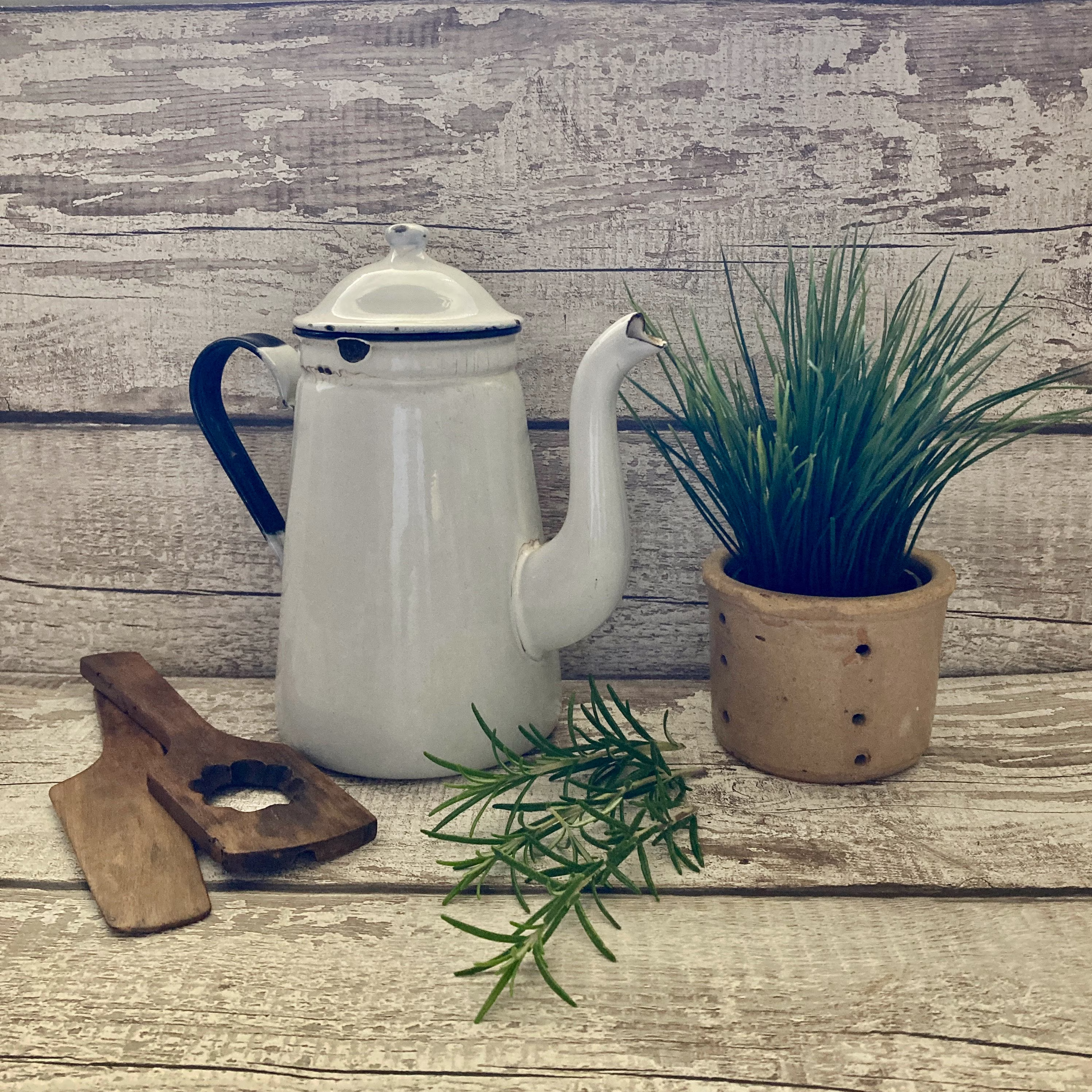 Vintage Enamel Coffee Pot, Enamelware, Herb Planter, Flower Vase, Garden Decor, Home Kitchen