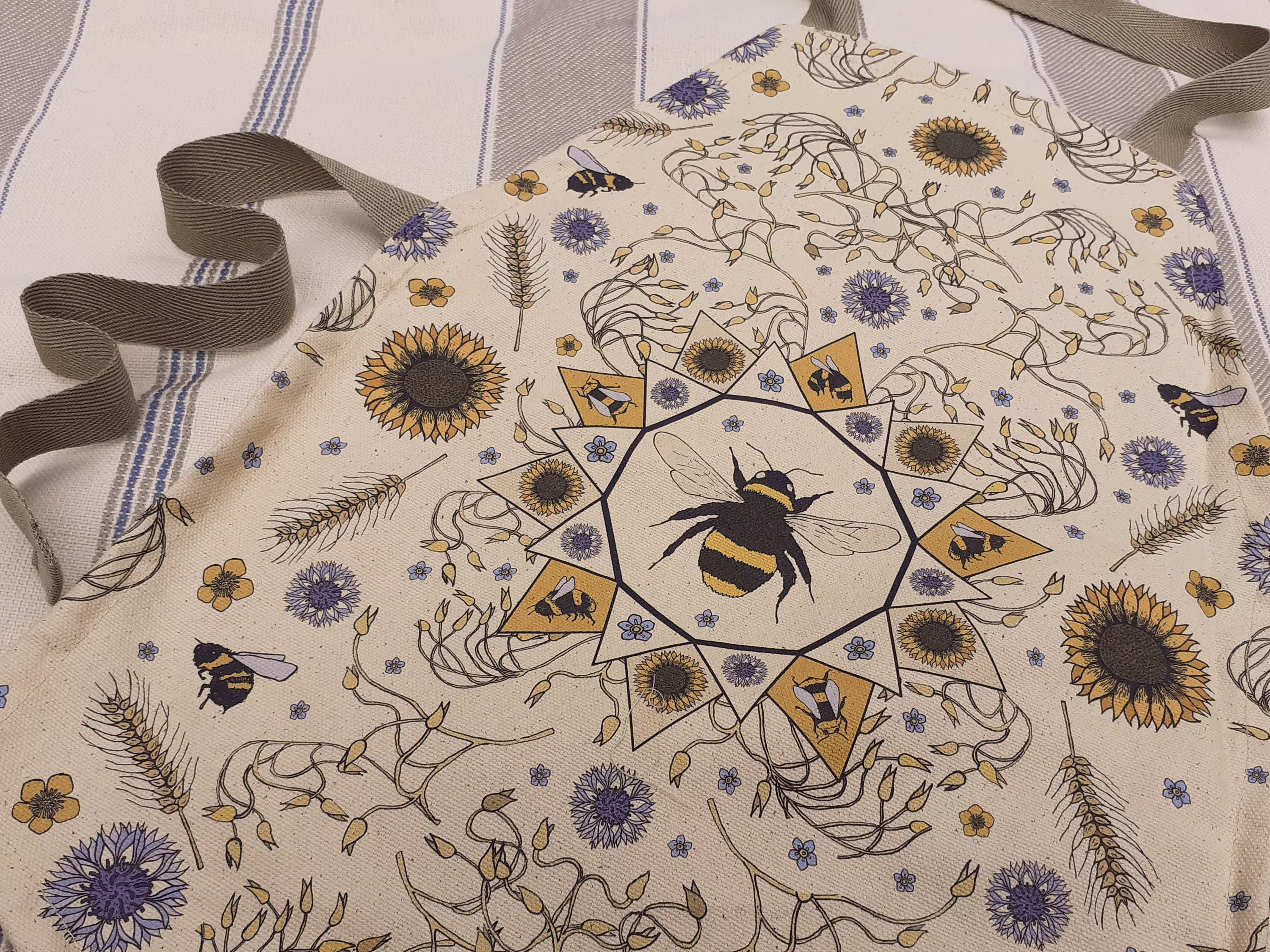 Organic Cotton Apron. Bee Print/The Polinator. Kids Adults Matching Set. Like William Morris. Eco Gift For Bakers & Cooks