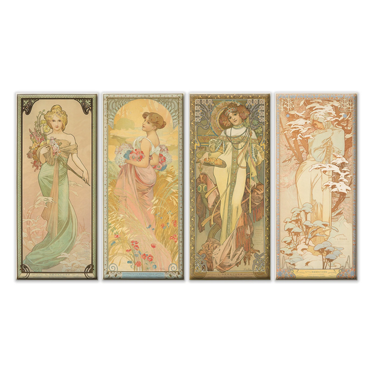 Alphonse Mucha The Four Seasons | 1900 Art Nouveau Reproduction Set Of 4 Panels Modern Style Canvas Print Wall Picture
