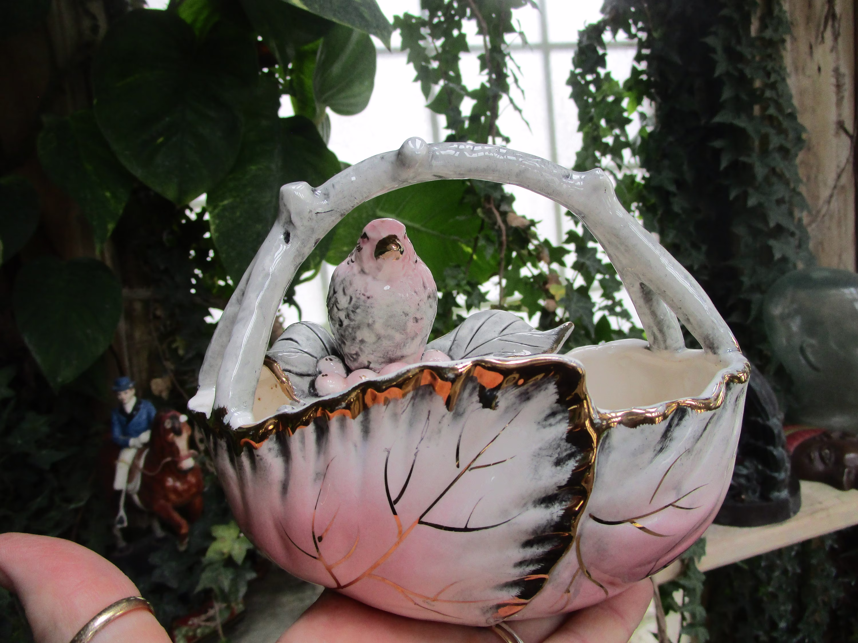Retro Pink Little Bird in A Gray Basket Trimmed Gold Beautiful