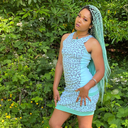 Sleeveless Side Panel Dress/Organic Cotton Blue with Pockets Sacred Geometry Geometric Women's Dance Rave
