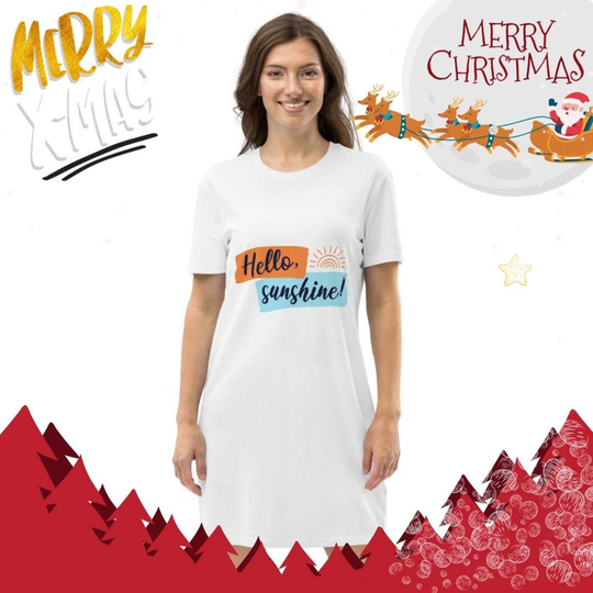 Christmas Hello Sunshine Gift, Organic Cotton T-Shirt Dress, Office Party Holiday Cotton Dress, Made in Usa