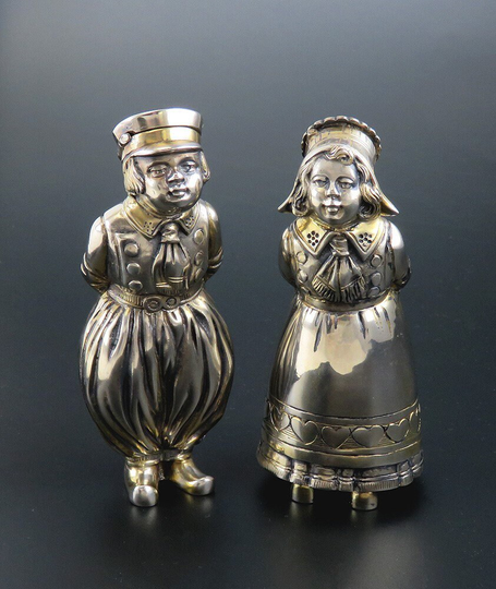 Cute Pair Antique German 800 Silver Dutch Boy & Girl Salt Pepper Shakers
