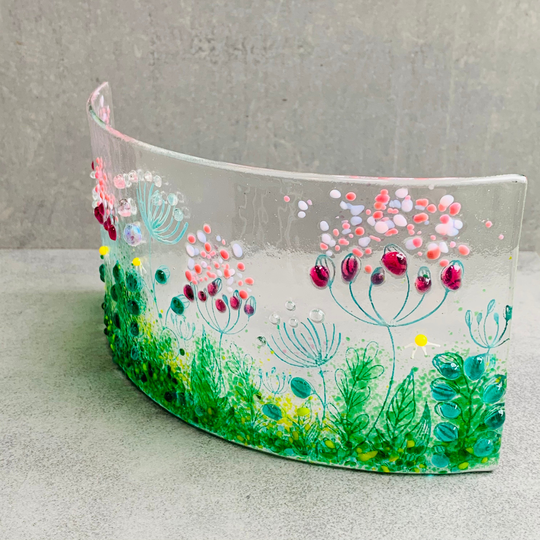 Glass Art, Seed Head Glass Curve, Hand Painted Floral Design , Large
