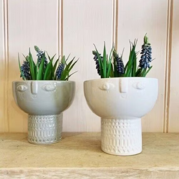 White Grey Head Planter - Ceramic Face Plant Pot Unique Modern Boho Bowl Cactus Indoor House Succulent