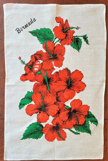 Red Hibiscus Flowers Souvenir Of Bermuda Tea Or Dish Towel, Tray Cover Wall Hanging, Vivid Red & Green On White Linen, Unused Unwashed