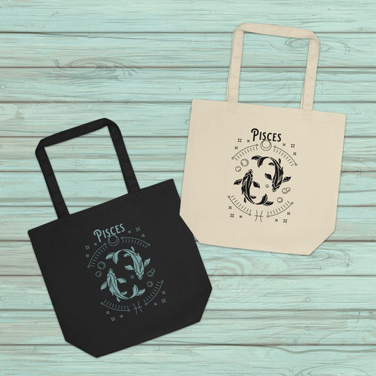 Pisces Zodiac Eco Friendly Organic Cotton Canvas Reusable Tote Bag, Astrology Celestial Market Shopping Witchy Sustainable Gift