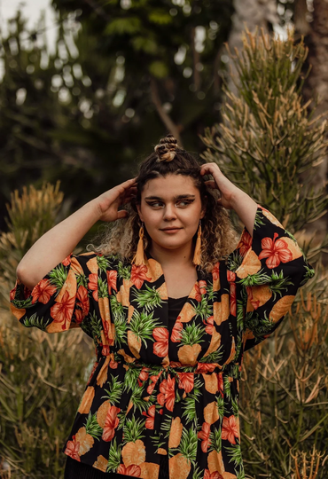 Kimono Top, Pineapple & Hibiscus Print Kimono, Jacket, Kimono Belted Black Tropical