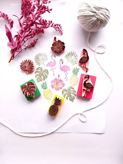 Tropical Flamingo Rubber Stamp Set With Pineapple, Hibiscus Flower, Palm & Monstera Leaf