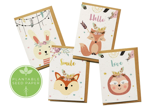 Plantable Flower Seed Paper Cards A6 | Pack Of 4 - Forest Animals Birthday, Greeting, Gift, Congratulations, Eco-Friendly, Biodegradable