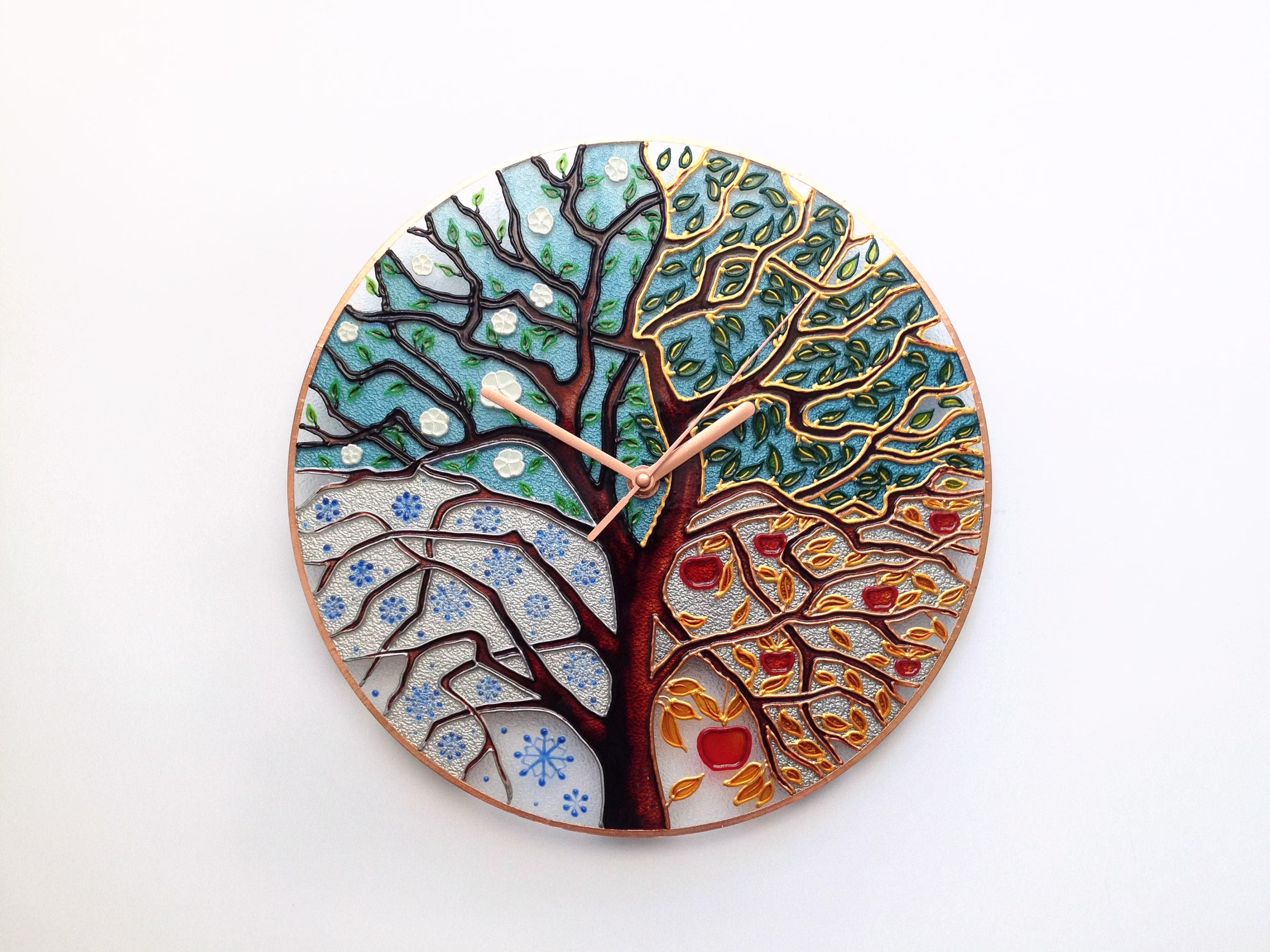 stained Glass Clock, Wall Glass, Painting, Hand Painted Unique Art Modern Clock, Four Seasons