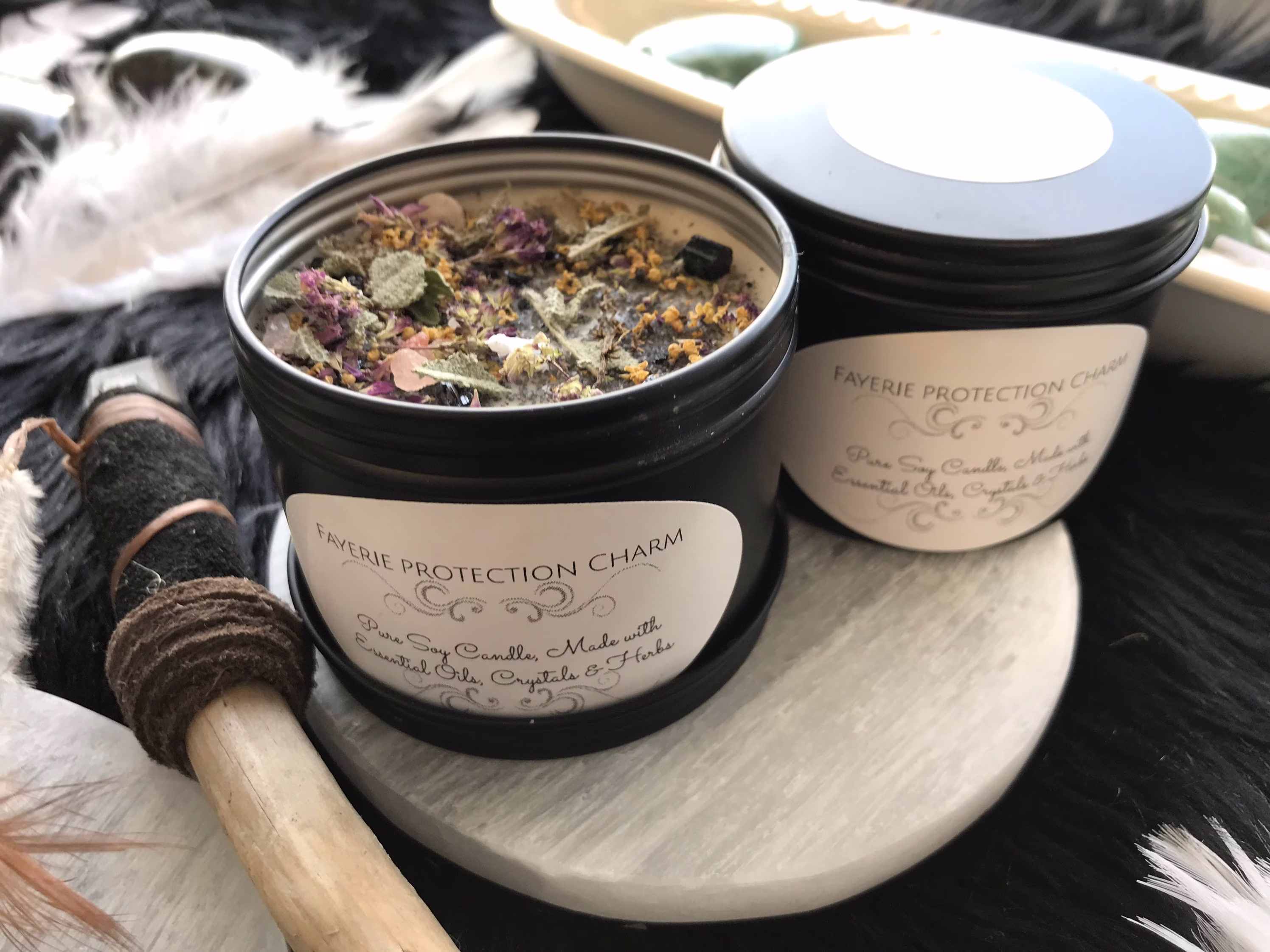 Handmade Protection Intention Soy Candle With Wildcraft Herbs & Crystals