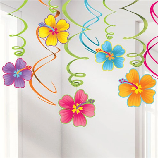 12 Luau Hanging Swirls, Party Decorations, Hanging Summer Hawaiian Garden Decorations