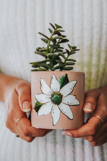 Flowerpot in Terracotta Handpainted By Pero, Design Of A White Flower. Great Gift Idea For Plant Lover