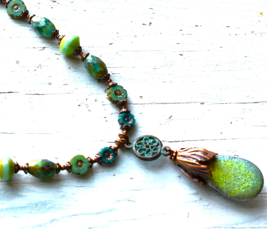 Green Druzy Necklace, Aqua Boho Ethnic Verdigris Green Rustic & Yellow Patina Turquoise Necklace