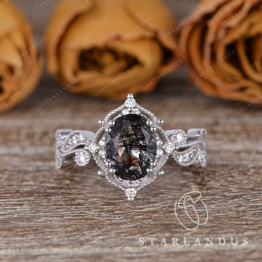 Unique Vine Engagement Ring Black Rutilated Quartz Salt & Pepper Crystal Flower Art Deco Petal Milgrain Vintage Jewelry