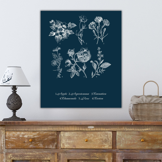 Vintage Floral Collage On Navy, Canvas Wall Art, Large Botanical Illustration, Nature Sketch, Apple Agrostemma Carnation Chamomile Rose
