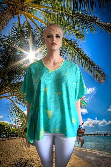 Hawaiian Top Polynesian Turquoise Palms Butterfly Caftan Cover-Up Shirt Tunic Travel - Made in Hawaii Usa- Fits Plus 1xl 2xl More Choices