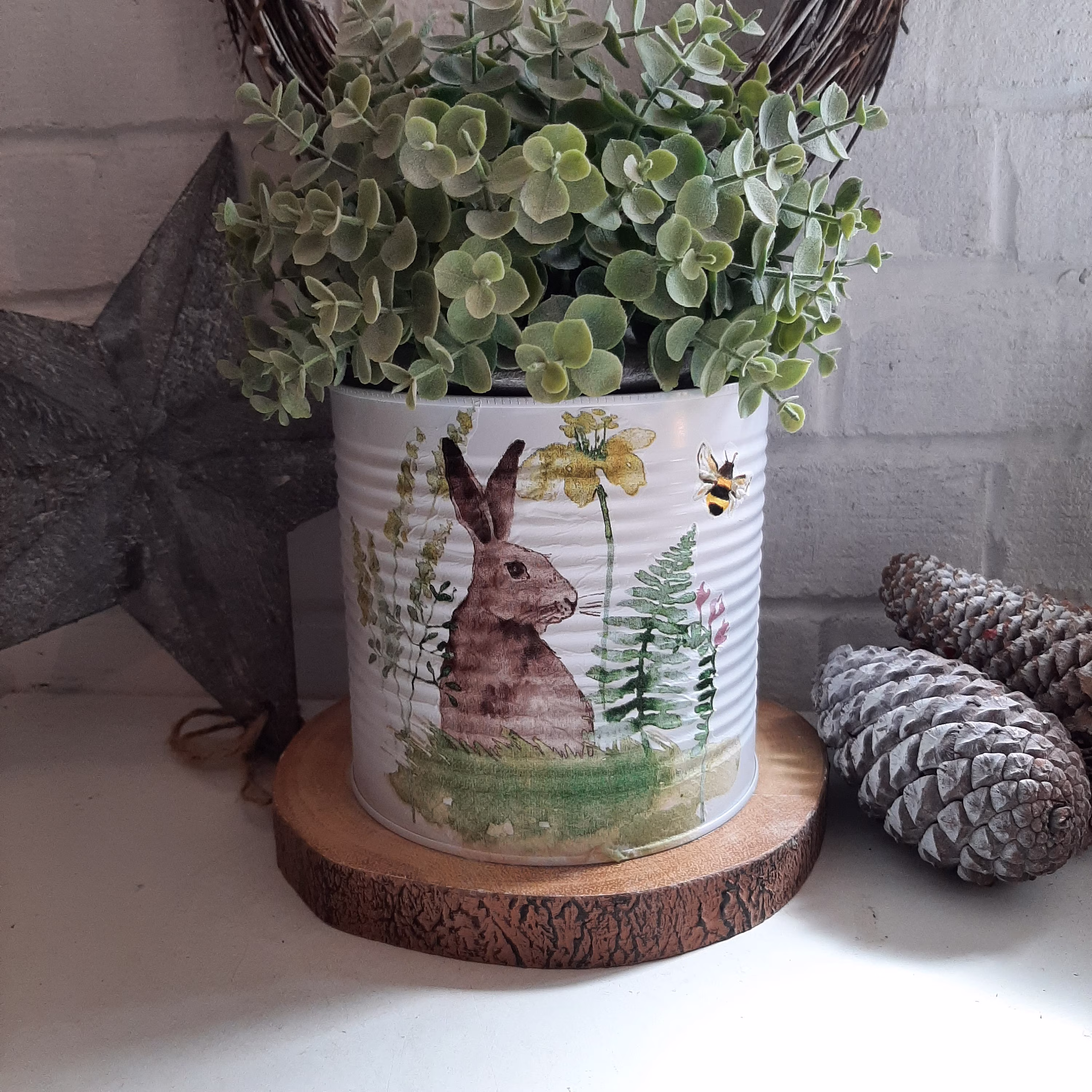 Rustic Hare & Bee Tin Pot. Plant Utensil Container. Brush