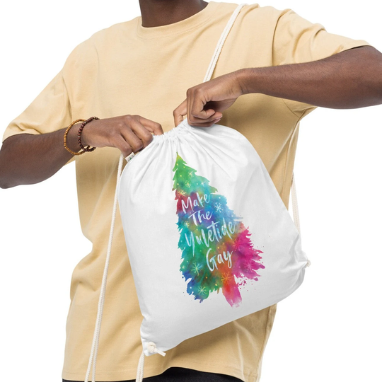 Lgbtq Drawstring Bag Organic Cotton Gym Work Out Christmas Gift Christmas Tree "Make The Yuletide Gay